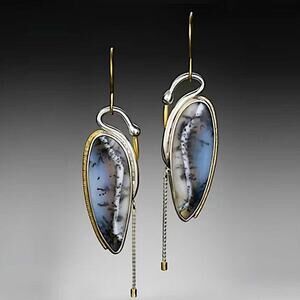 Vintage Swan Chalcedony Boho Marbled 925 Ancient Silver Dangle Earrings